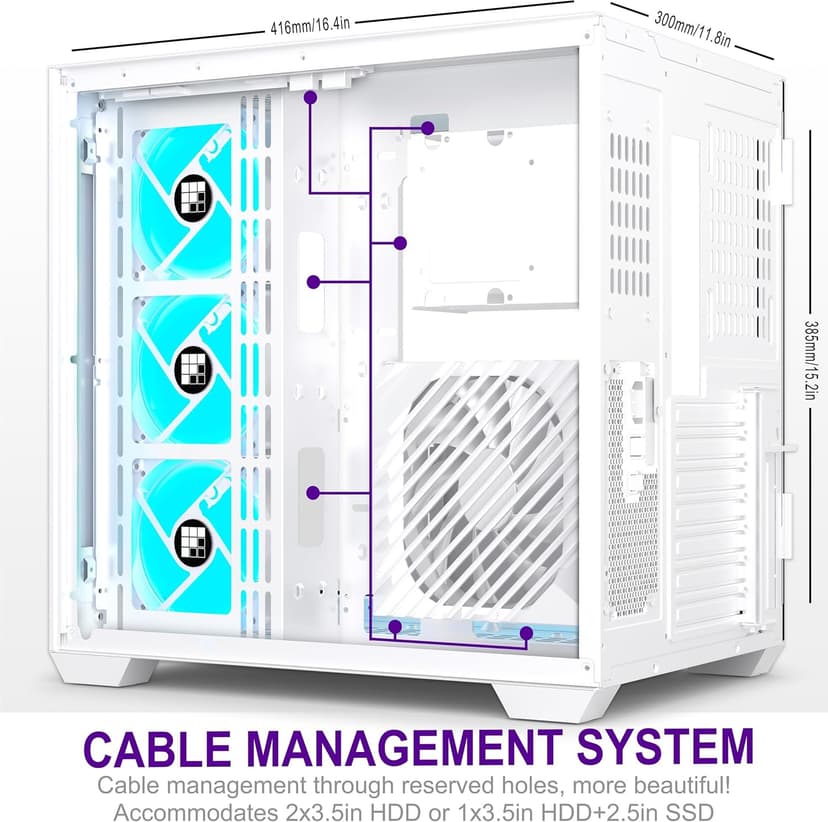 F600 PC Case - Pre-Installed 7 PWM ARGB Fan, ATX Mid-Tower Gaming PC Case, 270° Panoramic Glass with Type-C, FOIFKIN (White, F600)