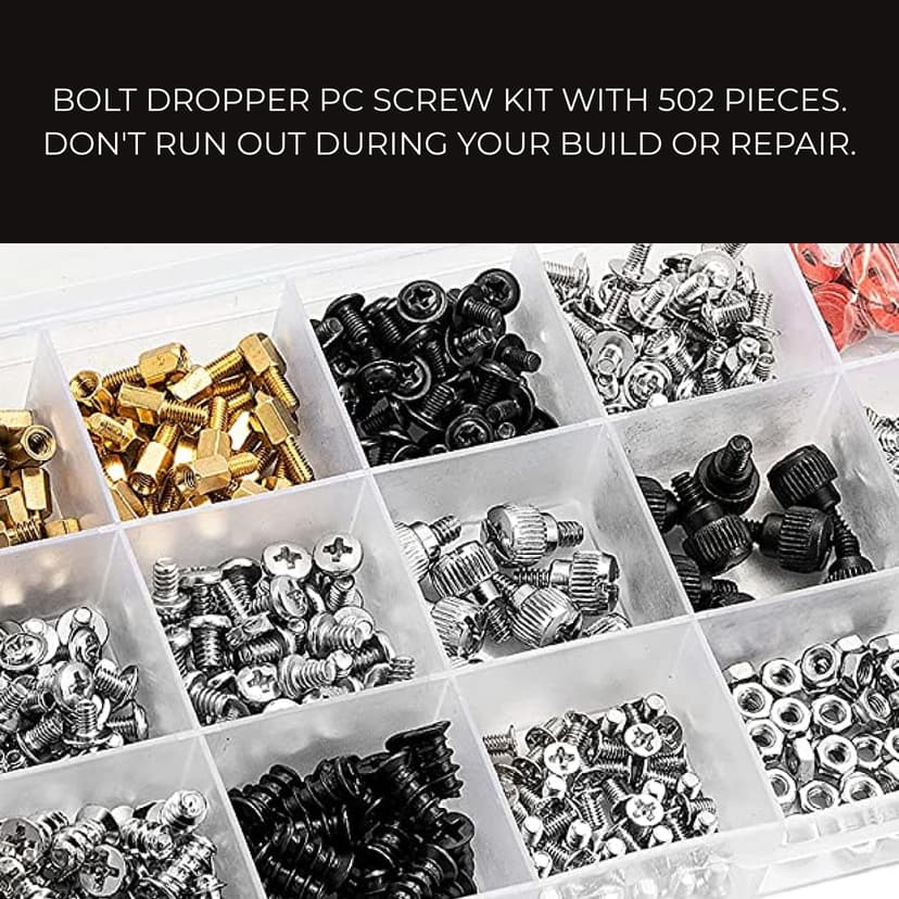 Bolt Dropper 502pcs Computer Screw Assortment Kit - Standoffs Screws for HDD Hard Drive, Fan, Chassis, ATX Case, Motherboard, Case Fan, Graphics, SSD, Spacer - DIY PC Installation and Repair Set