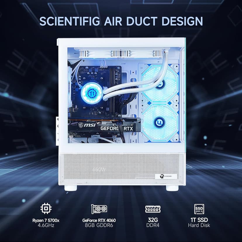Gaming PC Desktop,AMD Ryzen 7 5700X 8 core 3.4GHz(up to 4.6GHz),GeForce RTX 4060 8GB,32GB DDR4 RAM 3200MHz,1TB NVME SSD,650W PSU, Windows 11 Home 64-bit,White