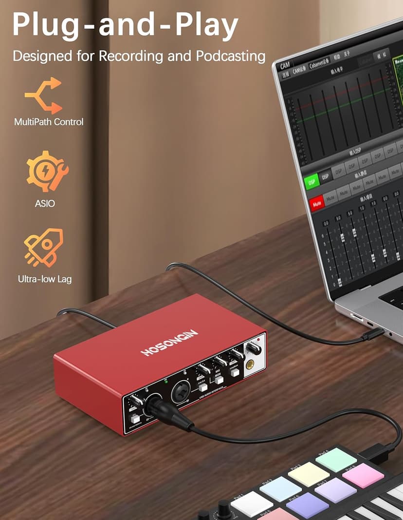 HOSONGIN 2i2 USB Audio Interface for Beginners - 24Bit/192kHz, 48V Phantom Power, Plug & Play Recording for Podcast/Vocals/Guitar/Youtube, PC/Mac/iOS Compatible (Red Metal)