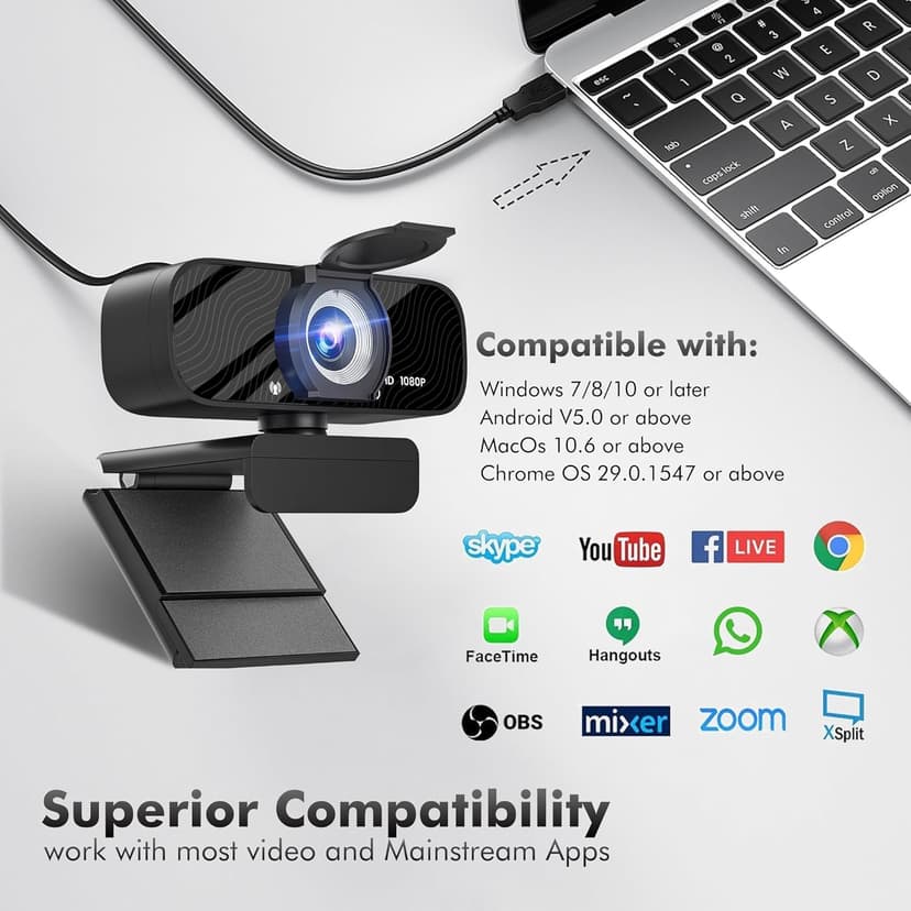 USB HD Webcam with Built-in Microphone and Rotatable Tripod, 1080P Video, Wide Angle Camera, Privacy Cover, for Desktop PC or Laptop Computer - 1（Black）
