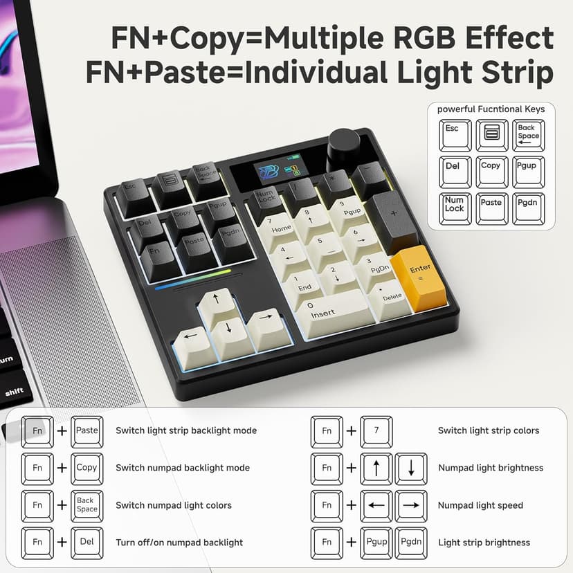 BOYI TD31Pro Mechanical Number Pad,Bluetooth5.0/2.4G/Type-C Wireless Numeric Keypad,RGB HotSwap Numpad with Screen&Knob,PBT Keycaps Rechargeable Gasket Number keypad for PC Laptop Desktop(Black-Grey)