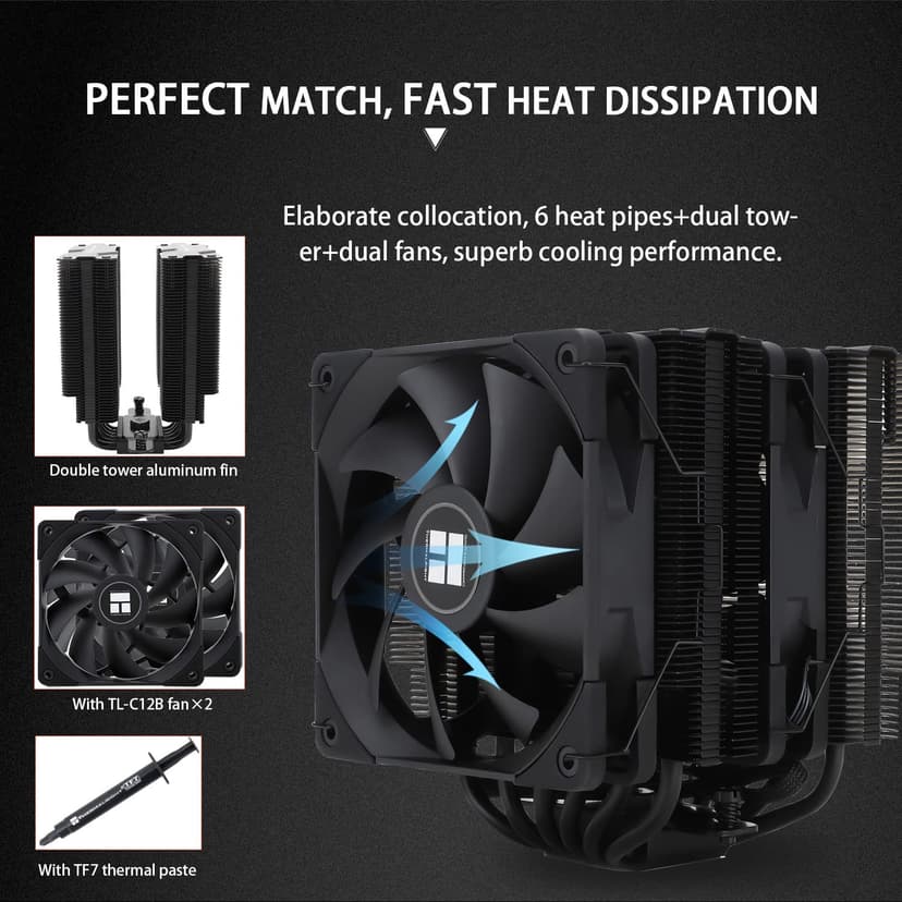 Thermalright Peerless Assassin 120 Black CPU Air Cooler, 6 Heat Pipes,TL-C12B PWM Fan, Aluminium Heatsink Cover, AGHP Technology, for AMD AM4/AM5/Intel LGA 1700/115X/1851/1200/2066/2011 PA120 Black