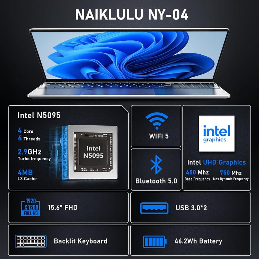 Gaming Laptop,15.6 Inch Laptop Computer,16GB RAM 512GB SSD,N5095 4C/4T Processor(up to 2.9Ghz),UHD Graphics,15.6” FHD 1920 * 1080 Display,WiFi 5,BT5.0,Backlit Keyboard,Fingerprint Unlock