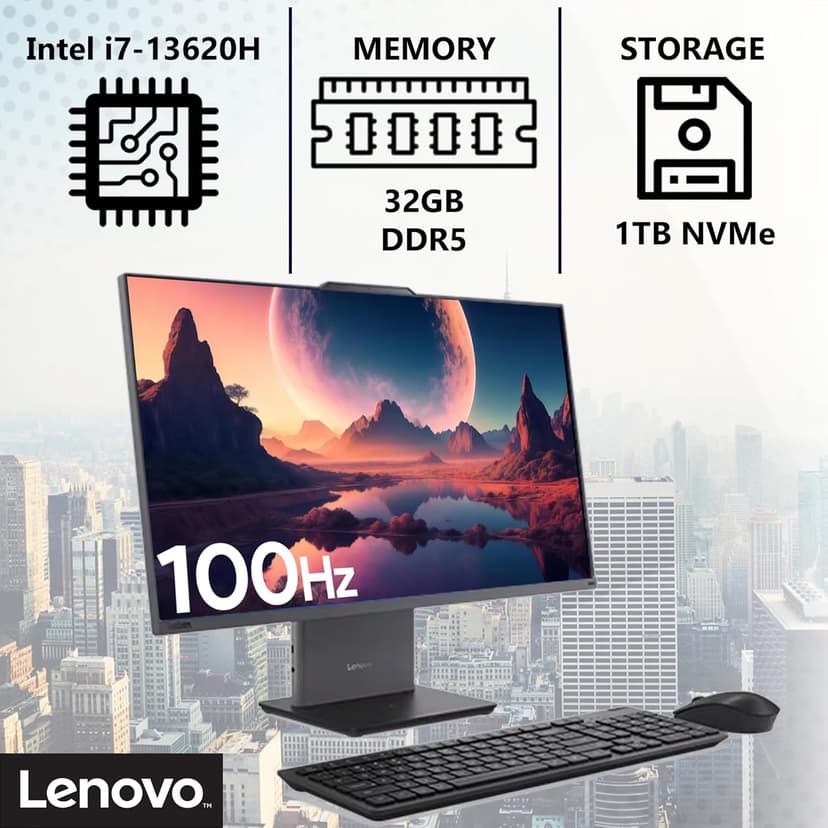 Lenovo ThinkCentre Neo 50a Gen 5 Business All-in-One PC, 27" FHD, Intel Core i7-13620H (Beats Intel i9-12900), 32GB DDR5, 1TB NVMe, Wi-Fi 6 + BT, RJ-45, Webcam, Wired KB & Mouse, Win 11 Pro - Black