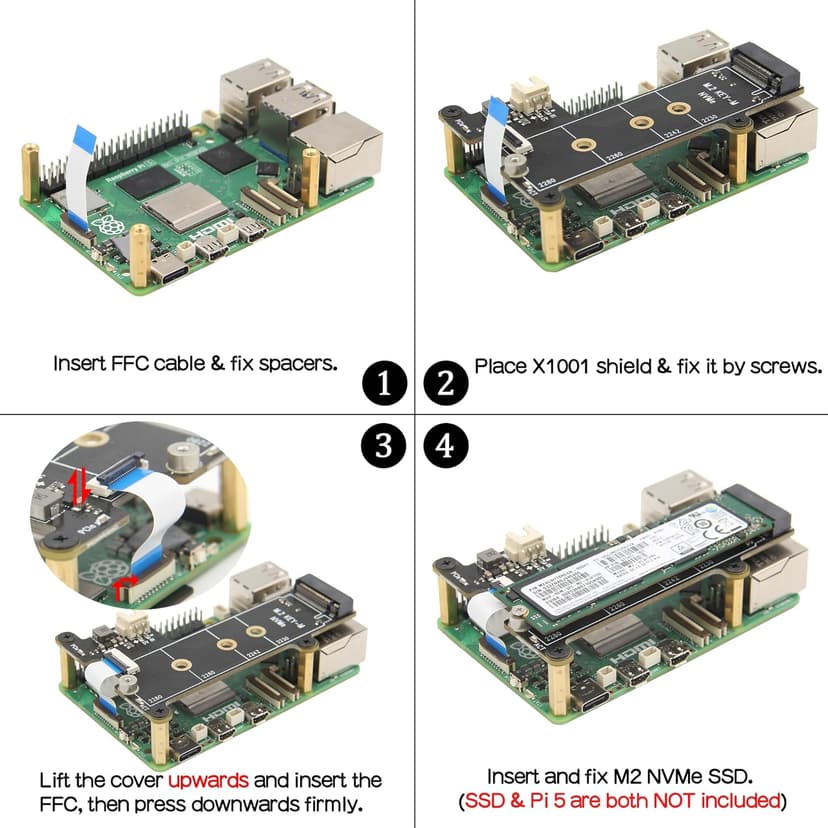 Geekworm X1001 PCIe to M.2 HAT Key-M NVMe SSD PIP PCIe Peripheral Board for Raspberry Pi 5 Support M.2 2230/2242/2260/2280 SSD