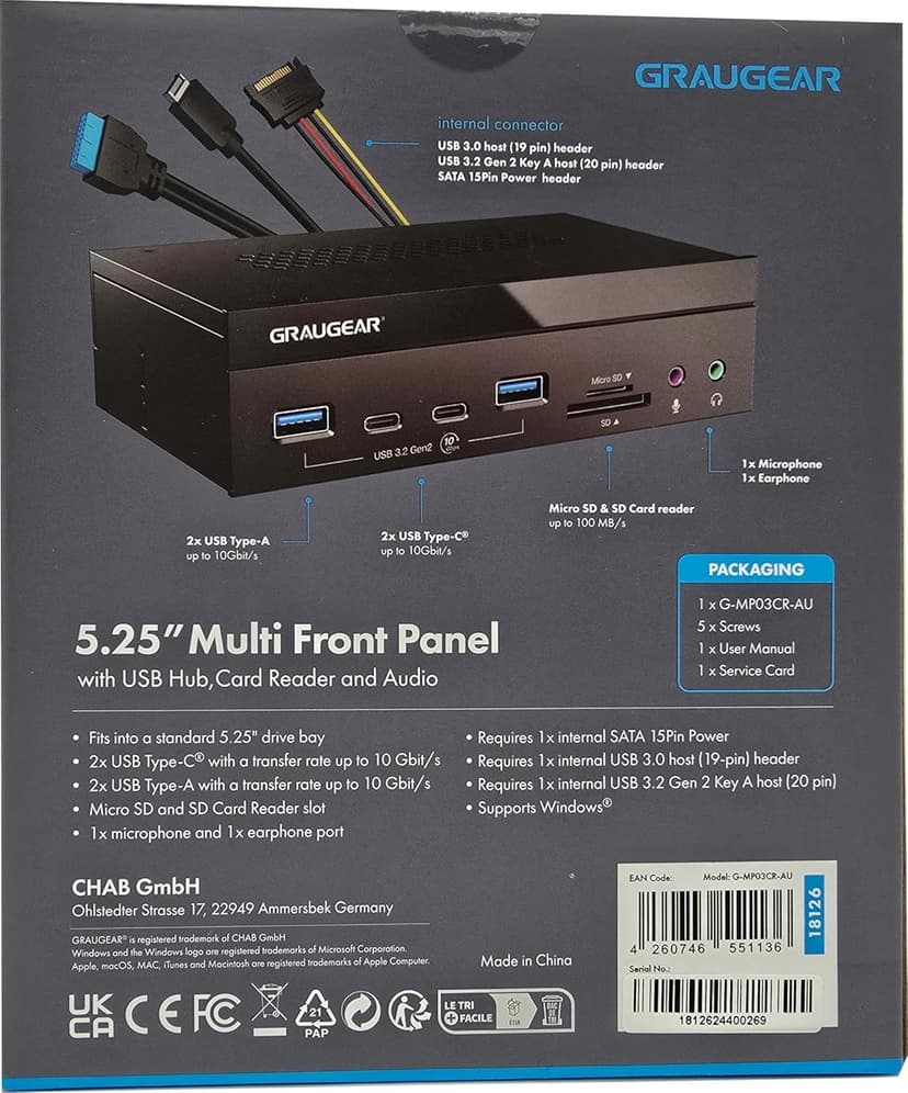 GRAUGEAR 5.25 Inch 10Gbps USB 3.2 PC Front Panel Card Reader with Audio Ports, SD/microSD Internal Card Reader, USB3.2 Type-E Key-A 20-Pin Header & USB3.0 Header & 15-Pin SATA Power Connector Required