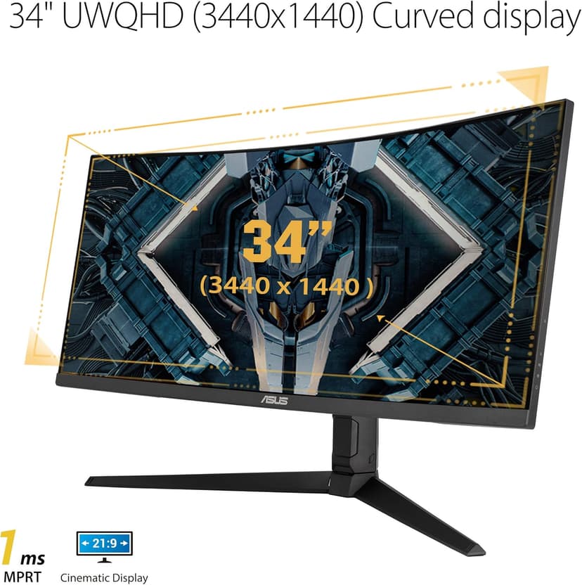 ASUS TUF 34 Inch Curved Gaming Monitor - WQHD (3440x1440), 165Hz, 1ms, Extreme Low Motion Blur, FreeSync Premium, Eye Care, Height Adjustable, DisplayHDR 400, DisplayPort, HDMI, USB - VG34VQL1B