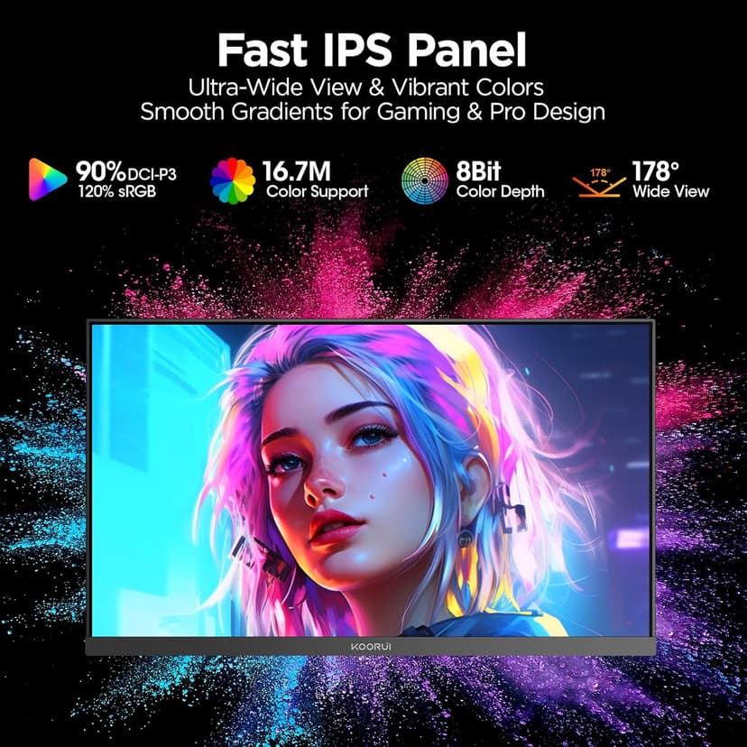 KOORUI Gaming Monitor, 24" Fast IPS Computer Monitor, 200Hz FHD HDR400 Display, 1ms PC Screen, 90% DCI-P3 Color Gamut, Adaptive Sync, Ultra Slim Frame, VESA Mountable, HDMI 2.0, DP 1.4, G2411P