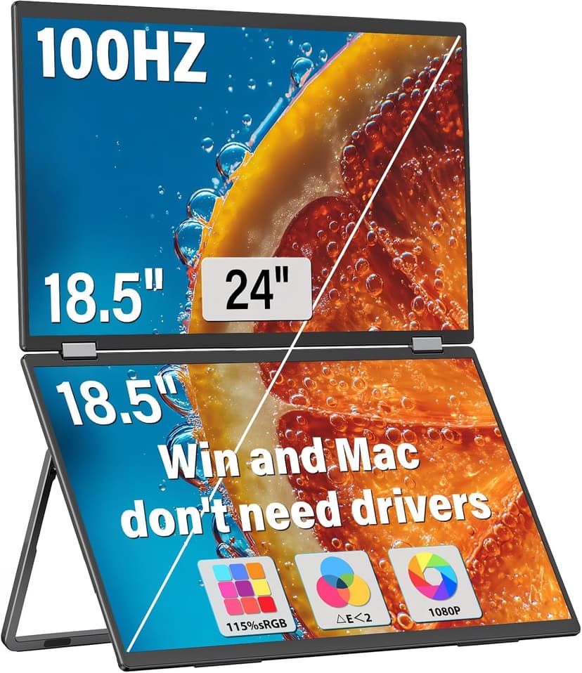 InnoView 18.5" Laptop Screen Extender 115% sRGB 100Hz Dual Monitors Stacked Folding Triple Monitor (Wins/Mac) 1080P Triple Portable Monitor for Laptop 90°/180° Rotation Black (No Driver Needed)
