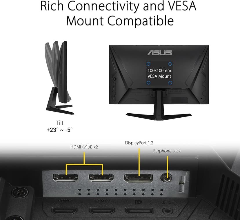 ASUS TUF Gaming 24” 1080P Monitor (VG247Q1A) - Full HD, 165Hz (Supports 144Hz), 1ms, Extreme Low Motion Blur, Adaptive-sync, FreeSync Premium, Shadow Boost, Speakers, Eye Care, HDMI, DisplayPort