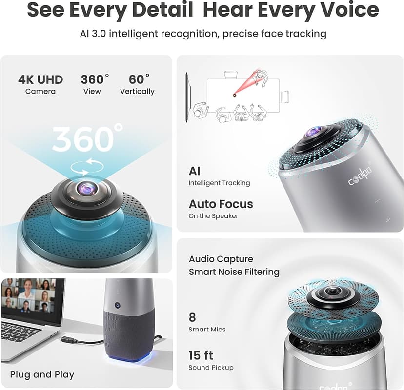 Camera 360, 4K Video Conference Room Camera System, Webcam, AI Driven Speaker Tracking, Noise Cancellation, Works with Zoom, Google Meet, Teams and More, 15 ft Mic Pickup, PANA 5ft USB Cable