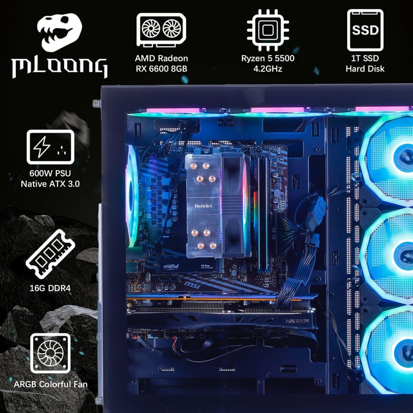 Darkness Dragon Gaming PC,AMD Ryzen 5 5500 4.2 GHz,AMD Radeon RX 6600 8GB Desktop Computer，1TB NVMe SSD,16GB DDR4 3200MHz, Air Cooled Prebuilt,600W PSU,Windows 11 Home & AI Powered Gamer PC