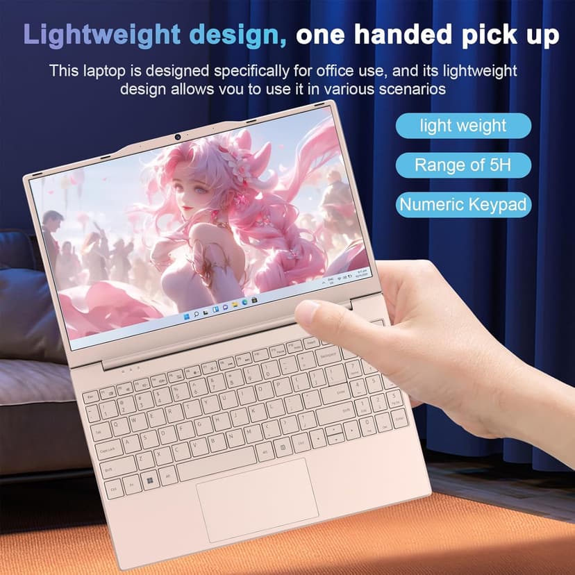 14'' Student Laptop Computer,1080P FHD Display,8GB RAM,512GB SSD,N5095 CPU College Student Pink Laptop,Numeric Keypad,256GB TF Card,Webcam, 5GWiFi, HDMI,Pink
