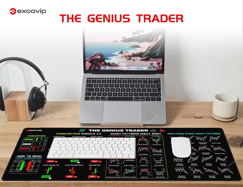 Mouse Pad for Stock Market with Invest Day Trading Chart Patterns,Large Computer Mouse Mat with Stitched Edges 31.4x11.7 inch 0320