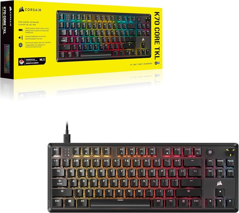 Corsair K70 CORE TKL RGB Tenkeyless Mechanical Wired Gaming Keyboard – Pre-Lubed MLX Red v2 Linear Switches, SOCD, ABS Double-Shot Keycaps, Sound Dampening, 1000Hz Polling, QWERTY NA – Black