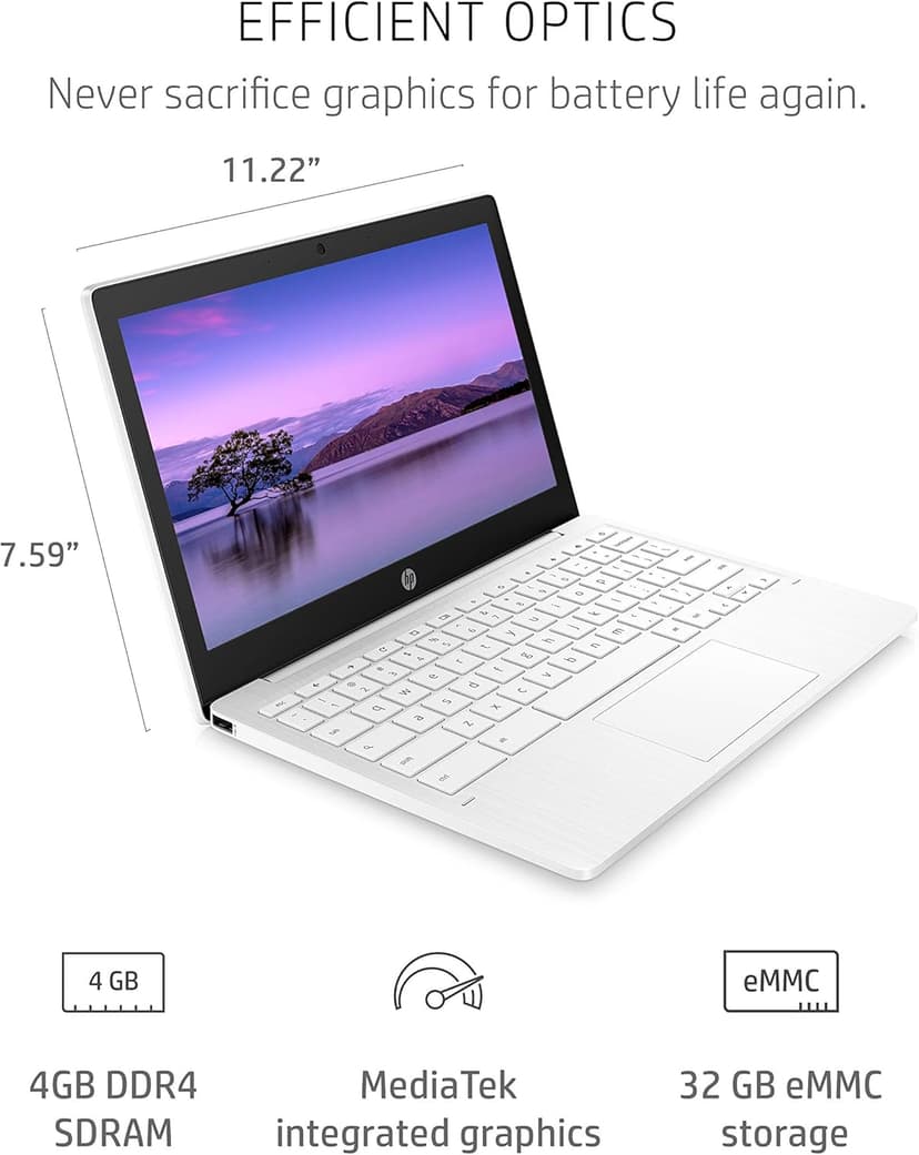 HP Chromebook 11-inch Laptop - Up to 15 Hour Battery Life - MediaTek - MT8183 - 4 GB RAM - 32 GB eMMC Storage - 11.6-inch HD Display - with Chrome OS™ - (11a-na0021nr, 2020 model, Snow White)