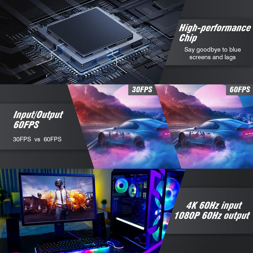 Video Capture Card, USB3.0 HDMI to USB C Capture Card, 4K 1080P 60FPS, Video Recording Card for Gaming Live Streaming, for Windows/Mac OS System with USB C Adapter to Adjust PS4, Switch, Xbox