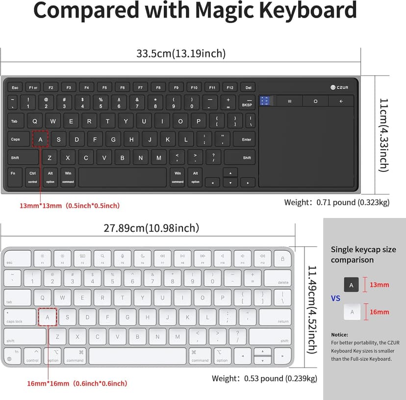 CZUR Rechargeable Bluetooth Keyboard with Touchpad, Portable Computer Keyboard with Trackpad, Wireless Ultra Slim Keyboard for PC/Laptop/Tablet/Phone