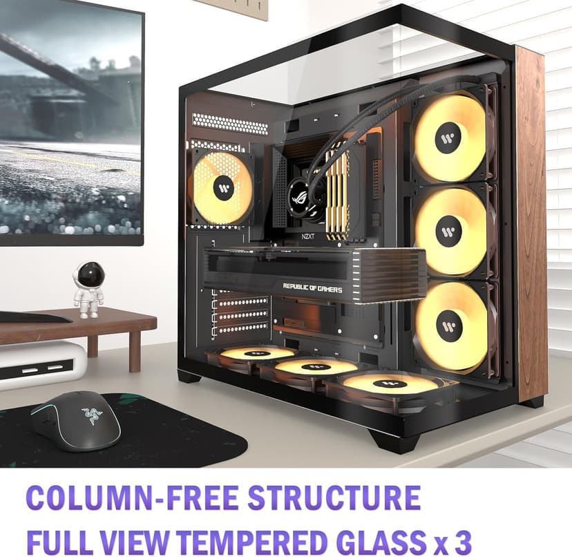 KEDIERS PC CASE ATX 6 PWM ARGB Fans Pre-Installed, Mid Tower Computer Case with Full-View Tempered Glass, Type-C,Printed Walnut Wood Panels,Support 360mm Radiator,Black Gaming Case (P7)