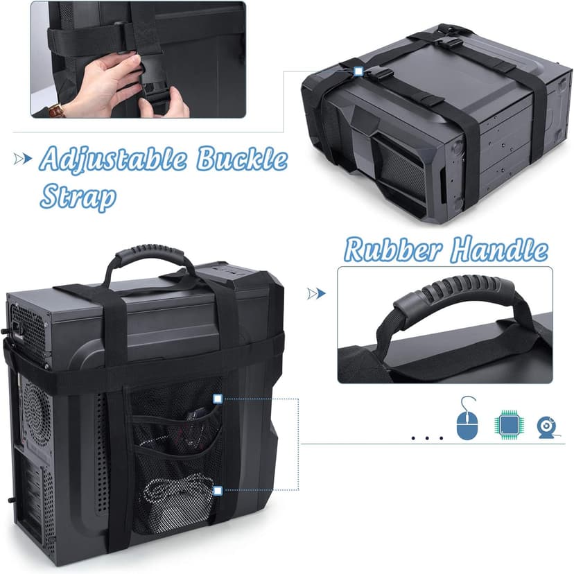 Trunab PC Tower Carrying Strap with Rubber Handle, Desktop Carrying Case Belt Computer Travel Holder with Pockets for Cable, Mouse, Ideal for Transporting On The Go - Patented Design