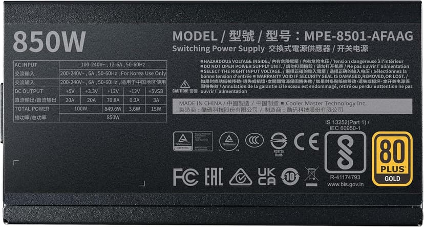 Cooler Master MWE Gold 850 V2 Full Modular, 850W, 80+ Gold Efficiency, 2 EPS Connectors, 120mm HDB Fan, Semi-fanless Operation, 5 Year Warranty