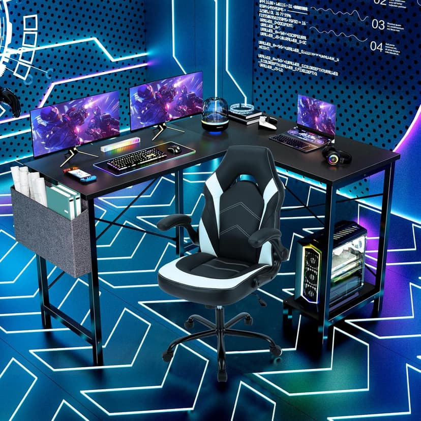 Sweetcrispy L Shaped Desk - Computer Desk Corner Desks Gaming Desk PC Table with CPU Stand Side Bag for Home Office Dorm Sturdy Writing Workstation, Black, 50-Inch