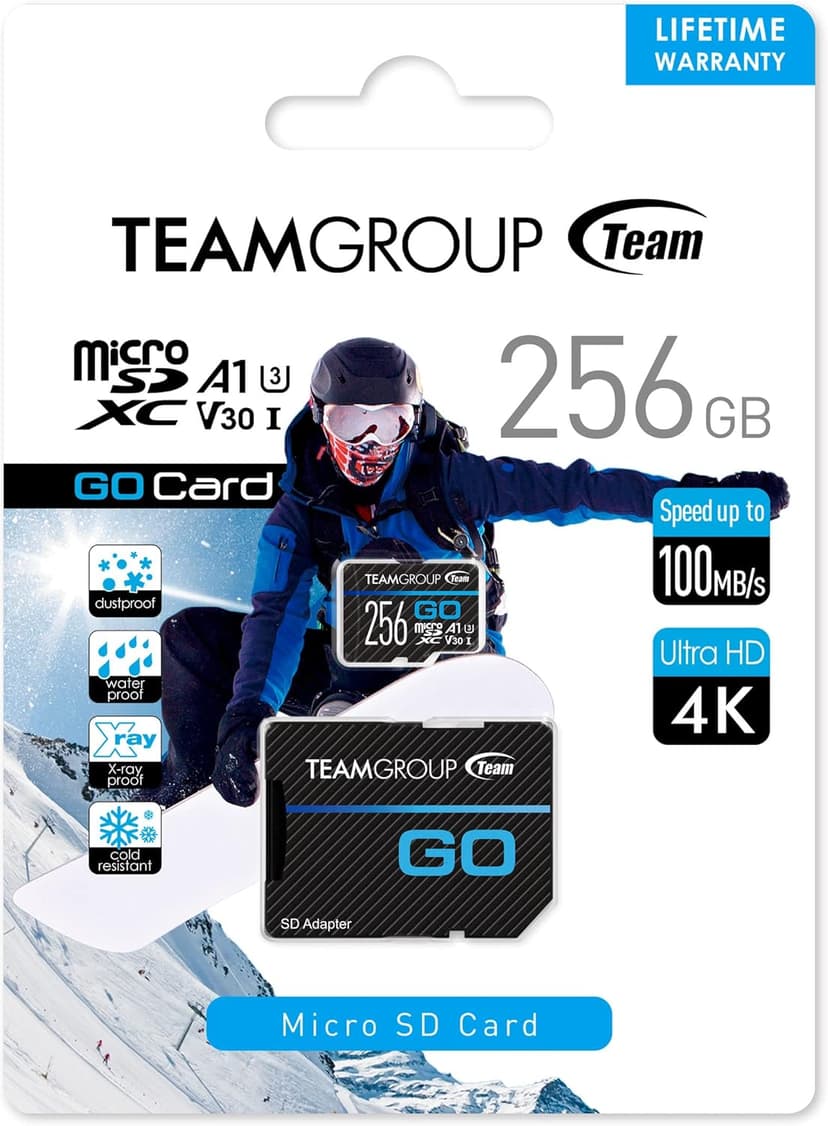 TEAMGROUP GO Card 256GB Micro SDXC UHS-I U3 V30 4K for GoPro & Action Cameras High Speed Flash Memory Card with Adapter for Outdoor, Sports, 4K Shooting TGUSDX256GU303