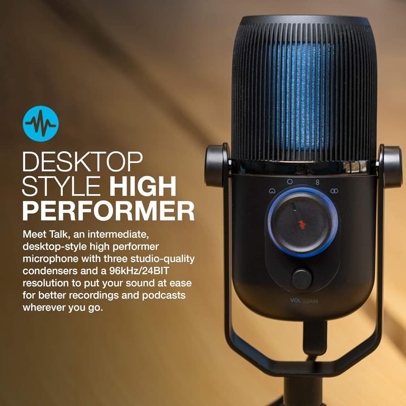 JLab Talk USB Microphone, USB-C Output, Cardioid, Omnidirectional, Stereo or Bidirectional, 96k Sample Rate, 20Hz, 20kHz Frequency Response, Volume, Gain Control, Quick Mute, Plug & Play