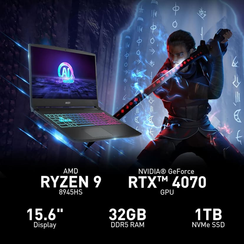 MSI Katana A15 AI 15.6” 165Hz QHD Gaming Laptop: Ryzen 9-8945HS, NVIDIA Geforce RTX 4070, 32GB DDR5, 1TB NVMe SSD, Cooler Boost 5, Win 11: Black B8VG-450US