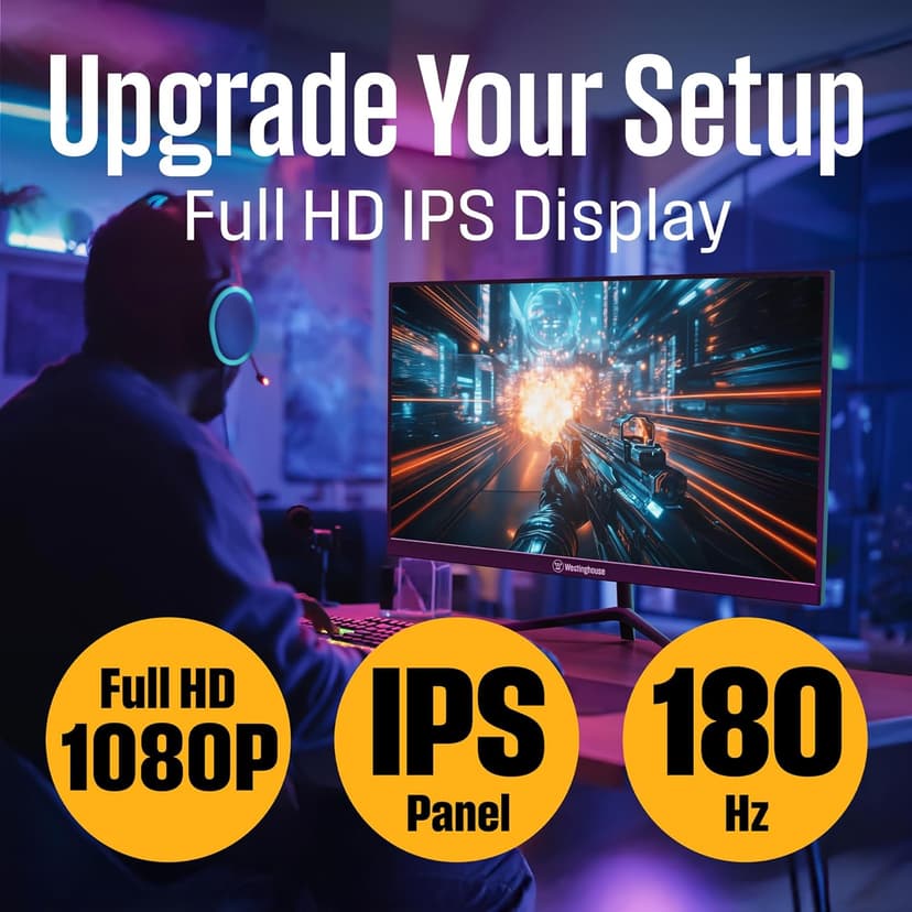 Westinghouse 27 Inch Flat Gaming Monitor, 180Hz, 1ms, AMD FreeSync Support, Low Motion Blur, 1080p Full HD IPS Display, for Office, PC & Console Games with Built in Speakers, 1x DisplayPort, 2X HDMI
