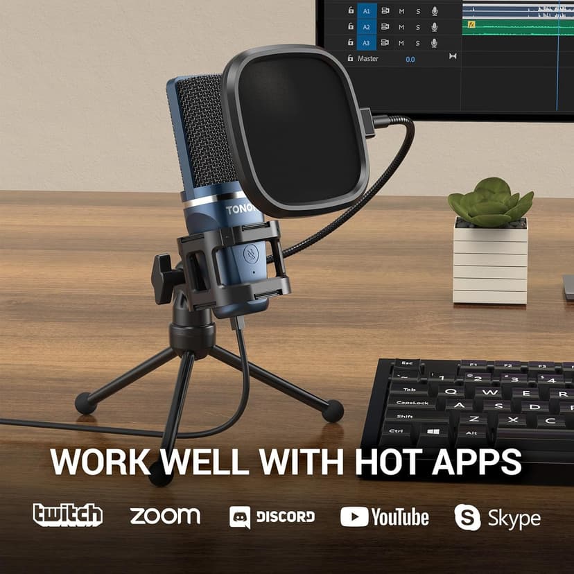TONOR TC-777 Podcast Microphone, USB Computer Microphone, Cardioid Condenser PC Mic with Tripod Stand and Pop Filter for Podcasting, Streaming, Vocal Recording, Compatible with PC & Laptop, PS4/5