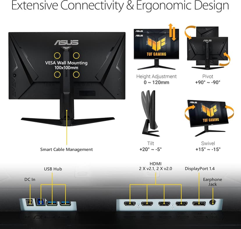 ASUS TUF Gaming 28” 4K 144HZ DSC HDMI 2.1, Monitor (VG28UQL1A) - UHD (3840 x 2160), Fast IPS, 1ms, Extreme Low Motion Blur Sync, G-SYNC Compatible, FreeSync Premium, Eye Care, DCI-P3 90%,BLACK