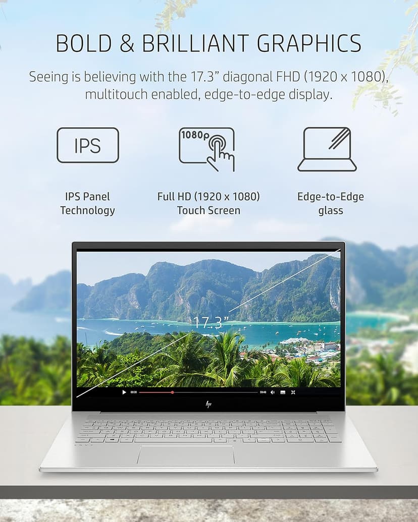 HP Envy 17 Laptop, 11th Gen Intel Core i7-1165G7, 12 GB RAM, 1 TB SATA Hard Drive & 256 GB SSD Storage, 17.3-inch Full HD IPS Touchscreen, Windows 10 Home, HD Webcam, Audio by B&O (17-cg1010nr, 2021)