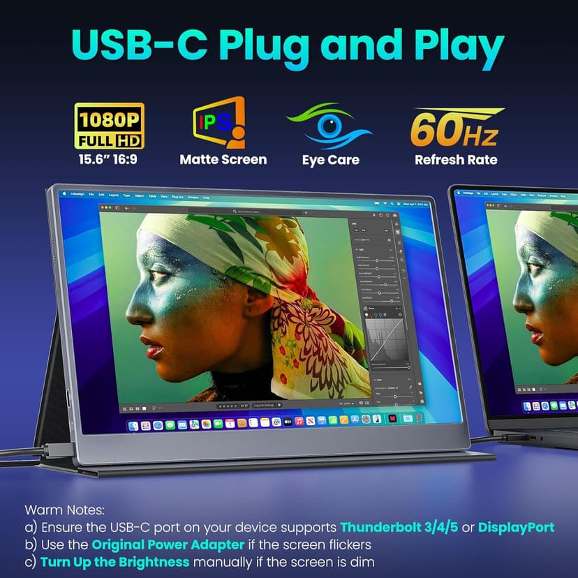 Portable Monitor 15.6 Inch 1080P FHD HDR IPS Travel Screen HDMI USB-C Portable Monitor for Laptop MacBook PC Surface Xbox PS4/5 with Cover, VESA Compatible