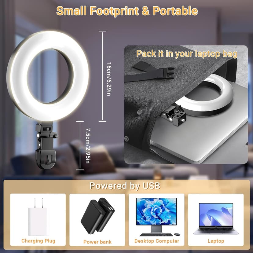 Clip On Ring Light for Laptop, Video Conference Lighting with 3 Color Modes, Adjustable USB LED Light for Computer Monitor, Zoom Streaming, Teams Calls, TikTok Live Streaming