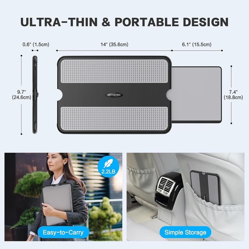 AboveTEK Portable Laptop Lap Desk w/ Retractable Left/Right Mouse Pad Tray, Non-Slip Heat Shield Tablet Notebook Computer Stand Table w/ Sturdy Stable Work Surface for Bed Sofa Couch or Travel
