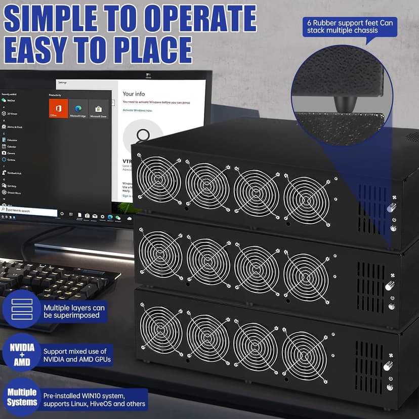 GPU Mining Rig Complete Mining Server Case for Ethereum/ETH Crypto Mining Prebuilt 8 GPU Mining Motherboard, 1800W PSU, 8 Cooling Fans, 4GB RAM,(without GPUs) -Black