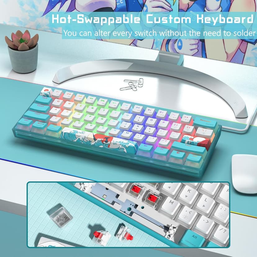 Womier 60% Percent Keyboard,WK61 Mechanical RGB Wired Gaming Keyboard,Hot-Swappable Creamy Key Board with PBT Keycaps,Linear Red Switch for Windows/MAC (Blue)