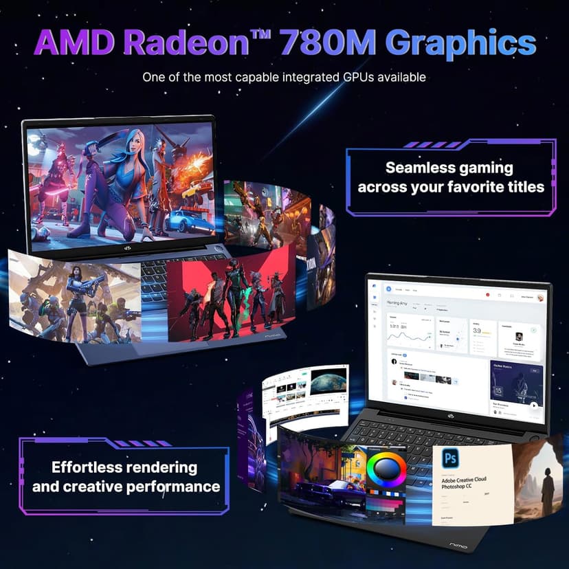 NIMO 17.3 Gaming-Laptop Ryzen 9 8945HS (>i9-13900H) 16GB RAM, 1TB SSD, Radeon 780M, PD 100W USB-C 4.0 AI-Enhanced for Copilot VR Ready, Backlit KB Fingerprint Unlock, Gaming Student Office Business