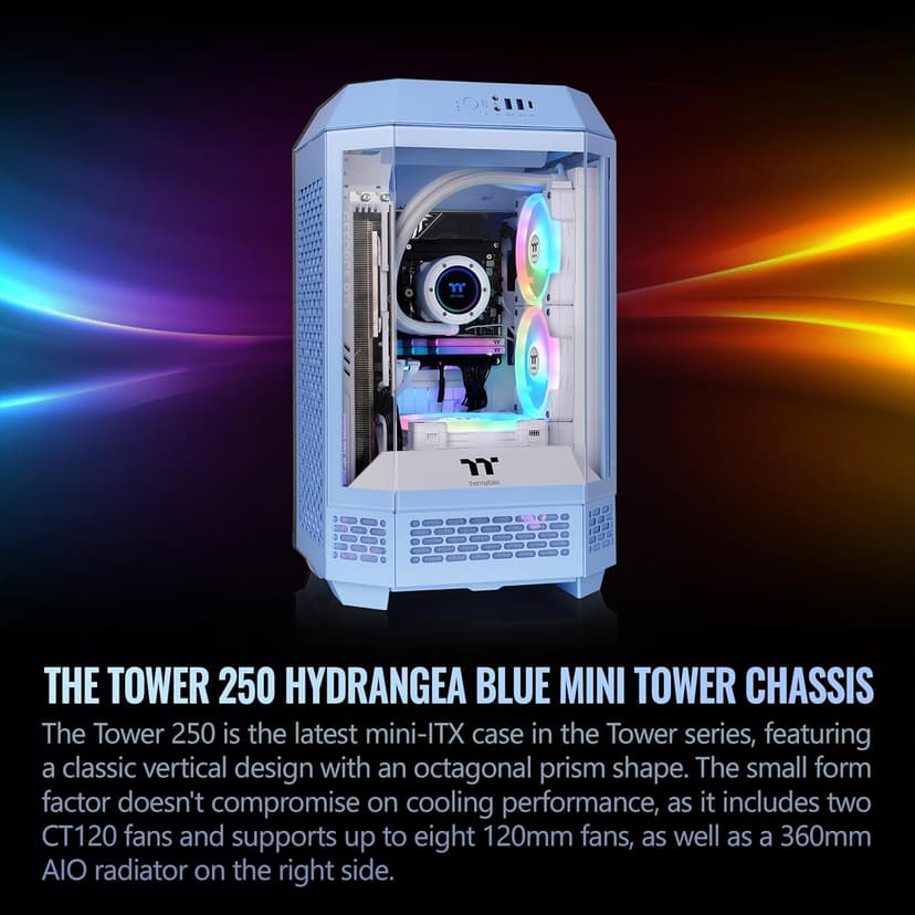 Thermaltake Tower 250 Hydrangea Blue Mini-ITX Mini Tower; 2x120mm CT Fans Included; 360mm Radiator Support; 360mm GPU Clearance; Dual Chamber; CA-1Z9-00SFWN-00
