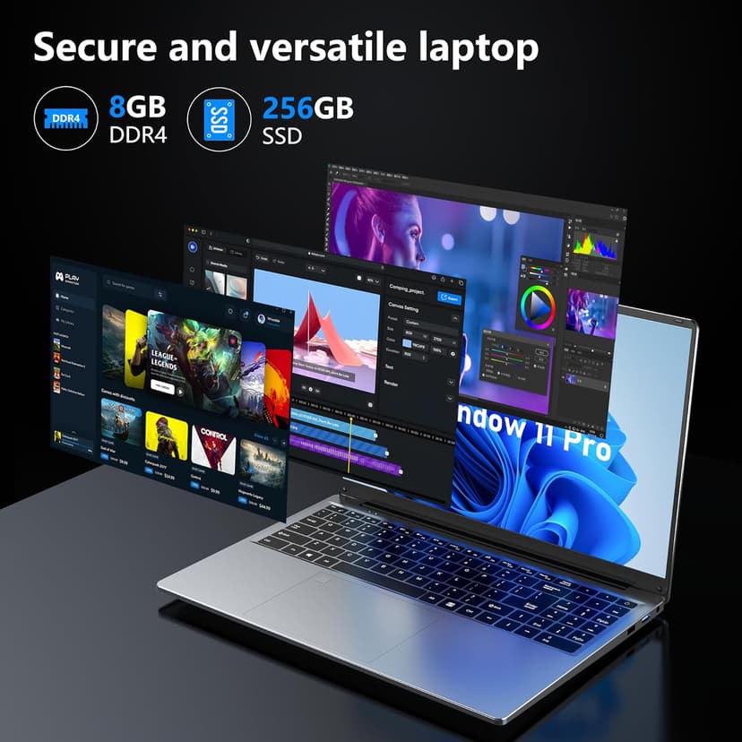 Gaming Laptop, 16 Inch FHD Display (1920 x 1200), N95 Laptop Computer（up to 3.4GHz, 8GB RAM 256GB SSD, Supports 180 Angle Opening, Bluetooth, Backlit Keyboard, Windows 11 Pro