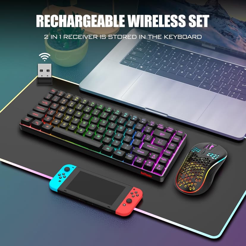 RedThunder K84 Wireless Keyboard and Mouse Combo, Rainbow Backlit Rechargeable Battery, 75% Layout TKL Ultra Compact Gaming Keyboard & Lightweight 3200 DPI Honeycomb Optical Mouse (Black)