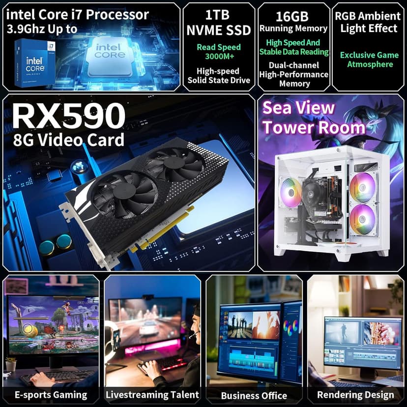 Prebuilt Gaming PC Desktop Computer,Intel Core i7 Desktop,Operating at A Frequency of 3.4-3.9 GHz,RX590 Graphics Card with 8GB GDDR5 Video Memory,16GB RAM, 1TB NVME SSD,WiFi 5.0,RGB Fan x4