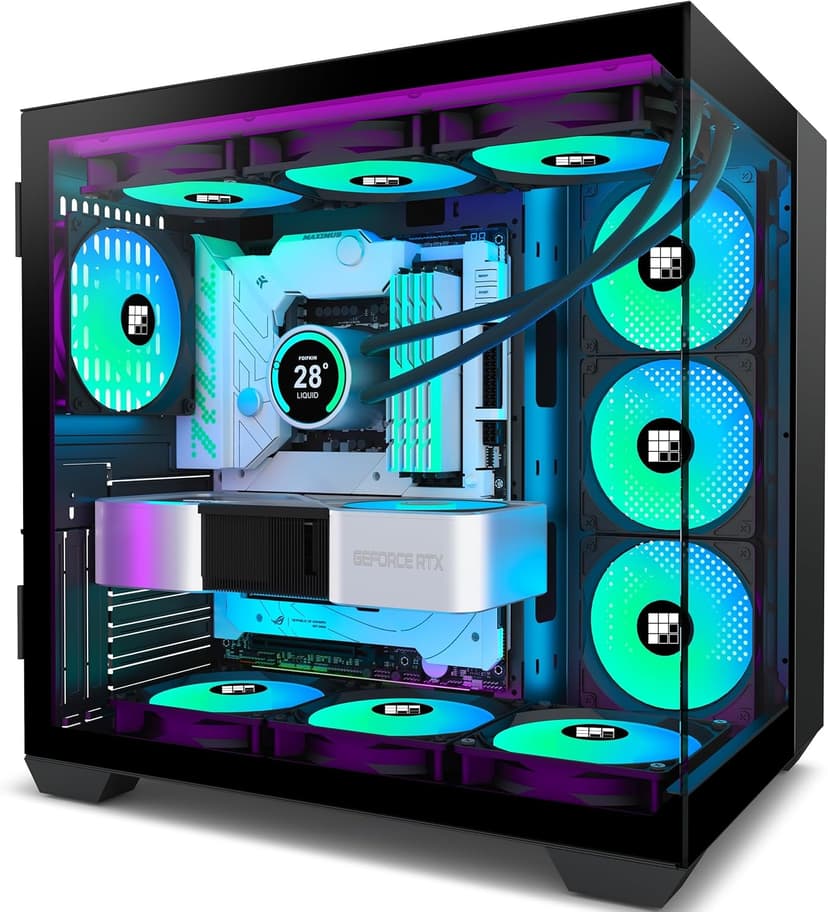 F600 PC Case - Pre-Installed 7 PWM ARGB Fan, ATX Mid-Tower Gaming PC Case, 270° Panoramic Glass with Type-C, FOIFKIN (Black, F600)