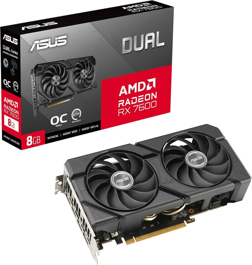 ASUS Dual Radeon™ RX 7600 EVO OC Edition 8GB GDDR6 (PCIe® 4.0, 8 GB GDDR6, HDMI® 2.1, DisplayPort™ 1.4a, 2.5-Slot Design, Axial-tech Fans, GPU Tweak III)