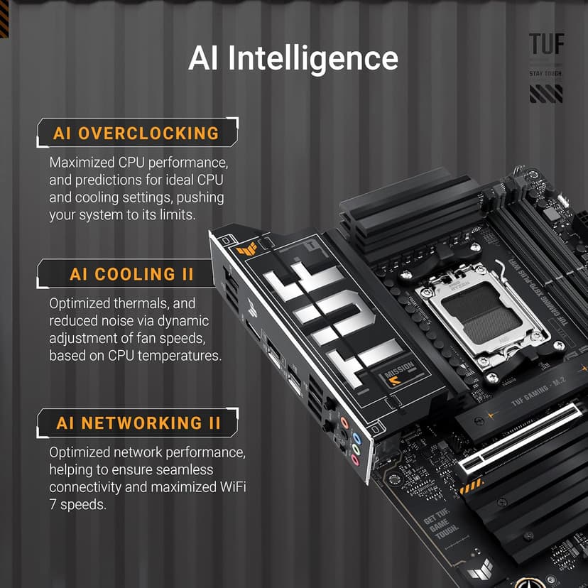 ASUS TUF Gaming X870-PLUS WiFi AMD AM5 X870 ATX Motherboard, 16+2+1, 80A SPS Power Stages, DDR5, PCIe 5.0 Ready, Four M.2 Slots, Wi-Fi 7, 2.5Gb LAN, HDMI, USB4® 40Gbps, SATA 6 Gbps, USB 20Gbps Type-C