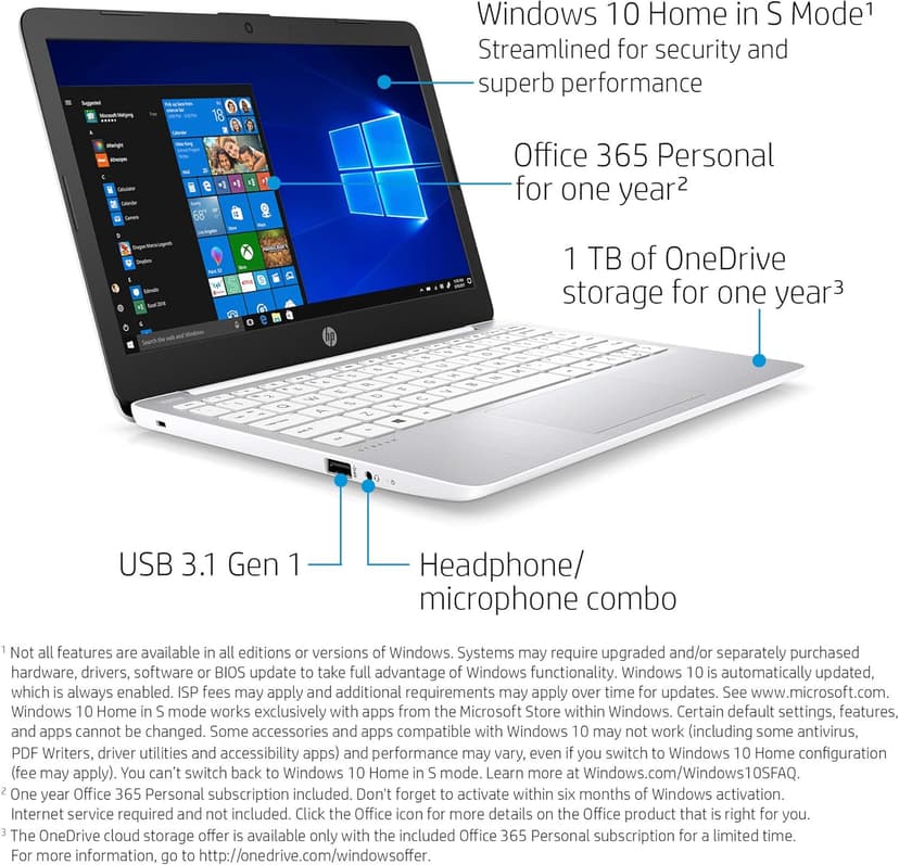 HP Stream 11-Inch Laptop, Intel X5-E8000 Processor, 4 GB RAM, 32 GB eMMC, Windows 10 Home in S Mode with Office 365 Personal and 1 TB Onedrive Storage for One Year (11-ak1020nr, Diamond White)