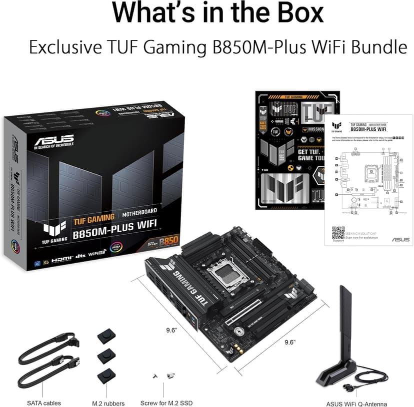 ASUS TUF Gaming B850M-PLUS WiFi AMD AM5 B850 mATX Motherboard, 14+2+1 80A DrMOS Stages, DDR5, PCIe 5.0, 3X M.2, Wi-Fi 6E, 2.5Gb LAN, DP, HDMI™, USB 10Gbps & 20Gbps Type-C®, BIOS Flashback™, Aura Sync