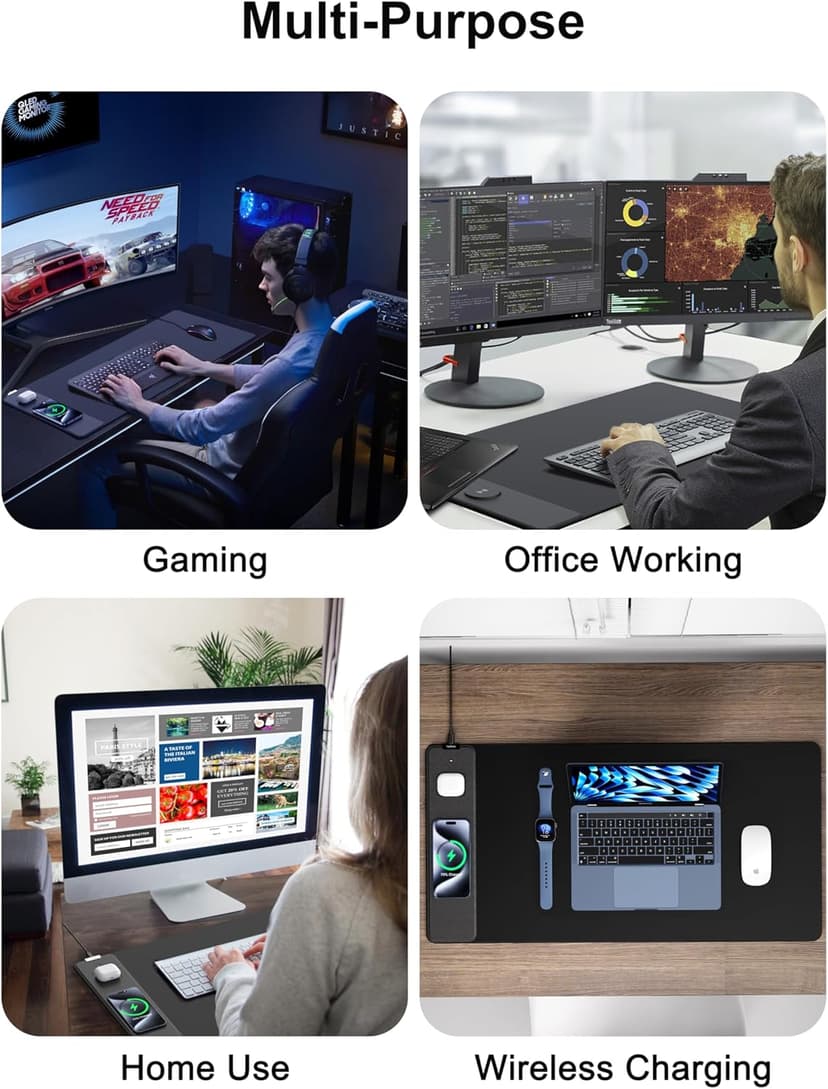 TopMade Wireless Charging Mouse Pad, Waterproof Gaming Mousepad with Ultra-Smooth Surface, Non-Slip Base, 31.5"x15.75" XXL Large Desk Pad, Classic Black Computer Desk Mat for MacBook, PC, Laptop